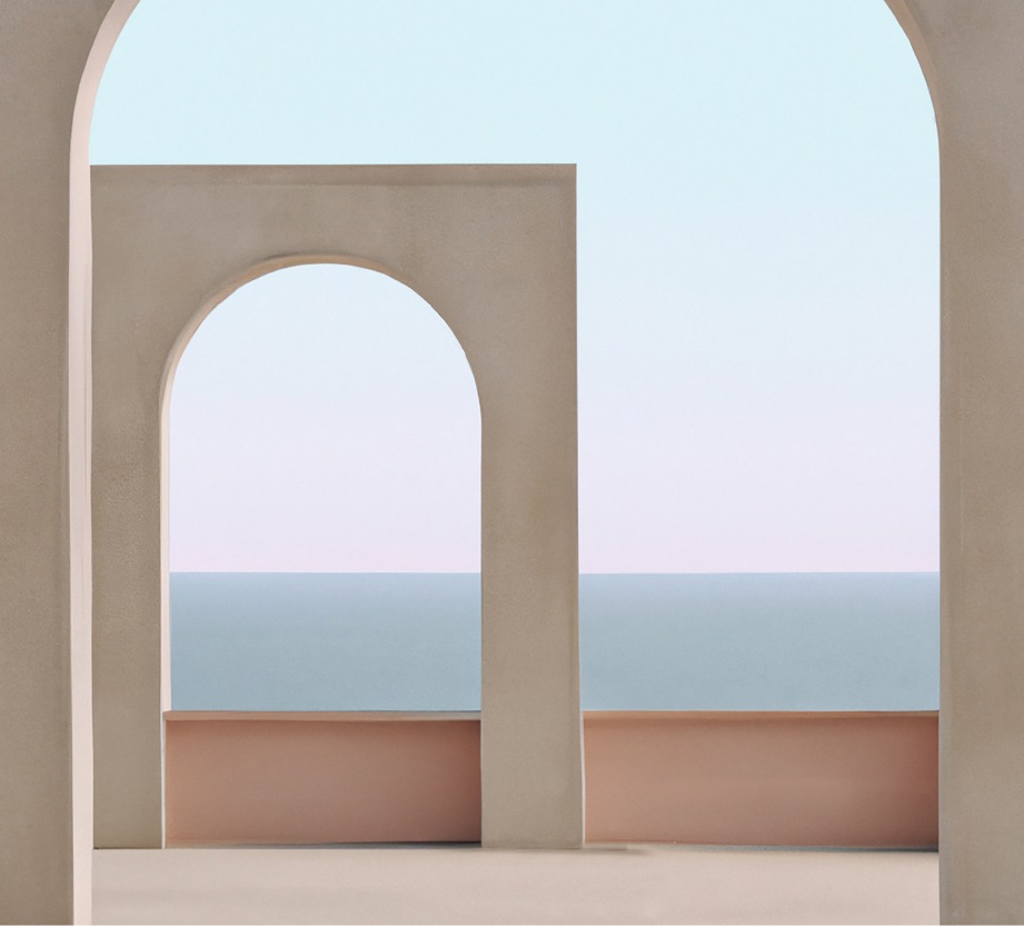 Surreal picture of a minimal architecture with arches and the sea.